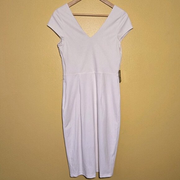 Express V Neck Short Sleeve Midi Dress Tortoise Sell Buttons Lined Ivory Beige S - Picture 2 of 12